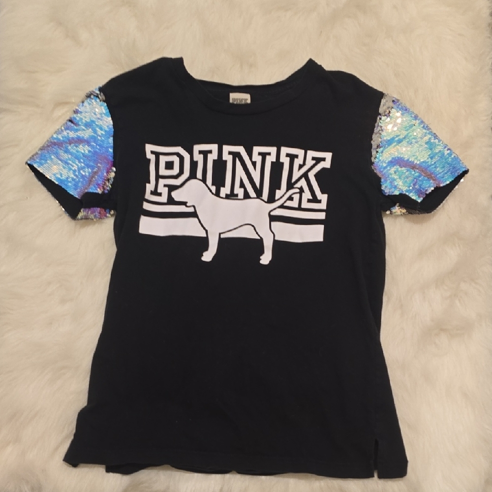 PINK Victoria's Secret Black Tee with Iridescent Blue-Green Sequin Sleeves